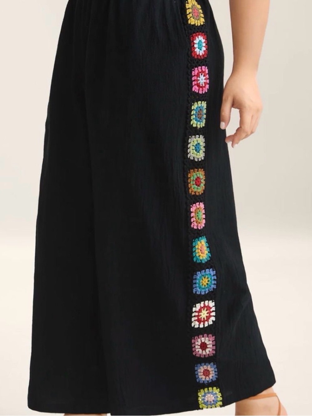 BloomChic Black Wide-Leg Pants with Colorful Crochet Side Panels